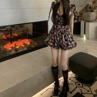 2021新款法式气质复古显瘦碎花蝴蝶结吊带连衣裙女夏小个子短裙子 黑色碎花 6XL 收藏关注优先发货