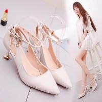 5cm真皮凉鞋女士高跟鞋3cm中跟包头单鞋一字扣绑带学生夏季女鞋子 米色[跟高3厘米] 35