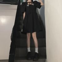 学院风蝴蝶结系带黑色连衣裙夏季新款女日系黑色简约连衣裙女 黑色 [收藏关注店铺优先发货] S [70-95]