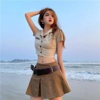 炸街辣妹高腰百褶半身裙套装女夏季新款韩版短袖衬衫上衣短裙子潮[7月21日发完] 短款衬衣 单件 S