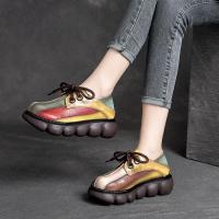 2021新款复古民族风镂空真皮松糕女鞋撞色厚底系带凉鞋洞洞单鞋 黄棕 35