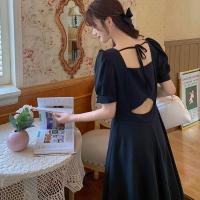 法式复古连衣裙赫本风夏季小黑裙女方领小心机设计感小众过膝长裙 黑色 M 建议100-105斤