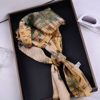 韩版复古丝巾小长条中国风清明上河图薄款细窄发带防晒护颈围巾女 长条-清明上河图 146*17