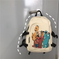 芝麻街书包女ins风 韩版初高中学生大容量简约潮流旅行背包双肩包 米色全家福