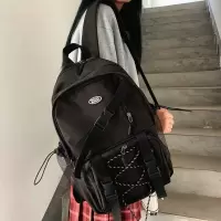 韩国ins初中生书包女日系原宿暗黑工装大容量背包高中学生双肩包 暗黑网绳黑（无挂件） 收藏店铺 送礼物 优先发货