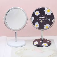清新桌面台式化妆梳妆镜可爱卡通旋转皮面镜公主镜子宿舍家用高清 三寸圆形1黑色小雏菊