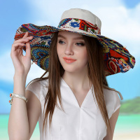 帽子女夏遮阳帽防晒紫外线可折叠韩版新款百搭大沿帽檐沙滩太阳帽 图腾--象牙白(配件:飘带+防风绳)帽沿17cm 均码有防