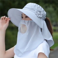 遮阳帽女夏季遮脸防晒紫外线防护帽子骑电动车防风全脸面罩太阳帽 [单帽带面纱]灰色 内置防风绳,多种戴法