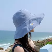 渔夫帽女遮阳防晒韩版百搭潮牌显脸小大头围大号日系可爱遮脸帽子 小雏菊大檐蓝色+米色 均码(收藏优先发货 送防风绳)