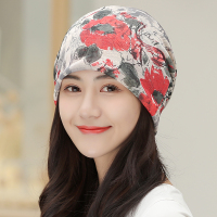 帽子女夏薄款包头帽时尚透气套头帽化疗帽春秋防风帽睡帽月子帽潮 水墨花红色JH(薄纱) M(56-58cm)