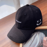 黑色鸭舌帽子女春夏季韩版百搭潮牌大脸显瘦刺绣字母笑脸棒球帽男 黑色 可调节