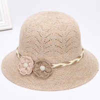 春夏季中老年人帽子女盆帽薄款妈妈遮阳帽防晒渔夫帽奶奶凉帽透气 双花 米黄色 均码(56-58cm)收藏送礼物