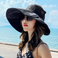 啄木鸟帽子女士夏季新款大帽檐遮阳防晒空顶渔夫帽可扎马尾沙滩帽 款式一黑色 均码(56-58cm)