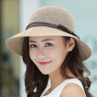 草帽女士大檐帽盆帽渔夫帽蝴蝶结亮片圆顶小礼帽夏季防晒遮阳帽子 浅咖 可调节