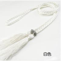 简约民族风装饰细腰带女汉服古风头绳发带手工编织流苏腰绳配裙子 白色 160cm