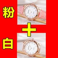 新款女士手表镶钻高档女表石英表时尚学生表皮带优雅数字 刻度钻粉色+送白色