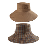 双面格子超大帽檐渔夫帽女夏季大沿太阳帽防紫外线遮阳帽防晒百搭 卡其色 均码(56-58cm)