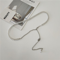 腰链女士装饰细腰带简约百搭配连衣裙双排小珍珠时尚小皮带裙带 珍珠色-银色