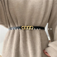 凹造型设计感真皮腰带女装饰时尚百搭配连衣裙子毛衣腰封皮带细窄 黑色 金4连真皮细暗扣