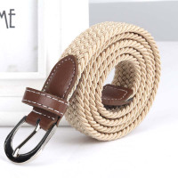 韩版女士帆布松紧皮带女 简约百搭学生编织细腰带装饰牛仔裤腰带 米色 100cm