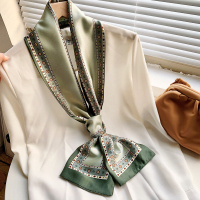 丝巾女薄款细窄小长条秋冬新款洋气时尚韩国百搭衬衣装饰懒人领巾 边框小菱圆豆绿