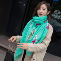 2019秋冬新款民族风围巾女刺绣花朵丝巾棉麻披肩两用长款韩版纱巾 桃花刺绣[薄荷绿]