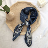 韩国ins复古简约线条抽象奶茶色沙漠旅游拍照小方巾丝巾绑发发带 钢笔细条框藏青(70*70cm)
