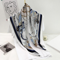 90cm大方巾正方形方巾丝巾女百搭围巾春秋款装饰洋气时尚披肩纱巾 航海图藏青米