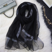 春秋季围巾女薄款时尚洋气丝巾百搭纱巾桑蚕丝羊毛外搭披肩妈妈款 银边黑色