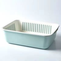 双层方形洗菜篮子沥水篮塑料家用创意水果盘多功能厨房淘米洗菜盆 蓝绿色 统一尺寸38cm-28cm-11cm