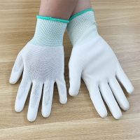 白色PU涂掌劳保胶皮薄手套超耐磨女士干活小号尼龙防静电工作防滑 S(小号) 白色涂掌手套(12双)