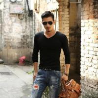 秋冬季男士内衣上衣薄款 男超薄款V领长袖单件秋衣修身弹力打底衫 长袖V领黑色 S65-80斤