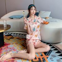 睡衣女士春秋冰丝长袖学生薄款可爱韩版仿真丝宽松V领卡通家居服 815#粉色香蕉 M