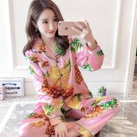 春秋季丝绸睡袍女性感吊带两件套短袖冰丝睡衣长袖睡裙夏天家居服 4812菠萝长袖 M
