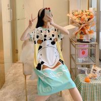 新款睡裙女夏韩版可爱卡通睡衣女士大码孕妇中长款短袖睡裙家居服 301绿 多款式不掉色请拍均码选项