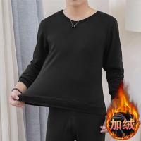 男士保暖内衣男套装加绒加厚冬青少年学生V圆领大码防寒秋衣秋裤 [加绒]圆领黑色(上衣单件) M 建议体重:80-100斤