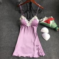 仿丝睡衣女夏季性感诱惑蕾丝边吊带睡裙大码带胸垫冰丝绸家居服 330紫色 L码(100-115斤)