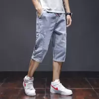 男士牛仔短裤宽松直筒夏季薄款休闲潮牌七分裤子韩版潮流夏天五分 七分裤182浅蓝[单件] S 建议[80-95斤]