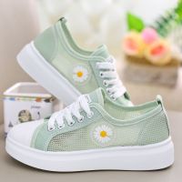 网鞋女透气网面小雏菊女童帆布鞋韩版百搭夏季镂空小女孩儿童板鞋 绿色[夏款网面 小邹菊] 脚长加1厘米选内长