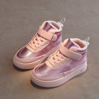 儿童小白鞋2020年秋季新款女童高帮鞋男童休闲板鞋加绒二棉童鞋冬 012粉色加绒款 29码 (鞋内长18CM)