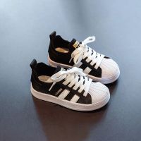 女童时尚板鞋2021春季新款儿童时尚休闲童鞋男童贝壳头透气小白鞋 黑色 透气 软底 27码:16.5CM