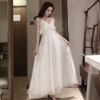 2020新款v领长裙法式连衣裙收腰显瘦礼服裙女小众很仙的仙女裙潮 白色 S