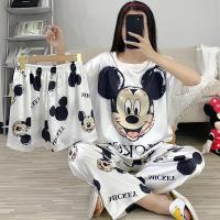 新款睡衣女夏季三件套装短袖短裤长裤大码宽松家居服 39 白色大米奇(单套) M [80-100斤]