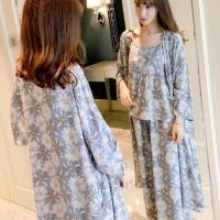 睡衣女三件套春秋季带胸垫吊带长袖睡袍性感免穿文胸家居服可外穿 菊花 不带胸垫 M码[建议80-100斤]