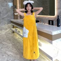可穿可裹百变浴巾吸水速干不掉毛家用女吊带加大长款浴裙浴袍大码 杏黄色 升级版 115X100CM 80-105斤
