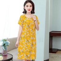 棉绸睡裙女夏中老年睡衣人造棉连衣裙中长款宽松大码家居服妈妈装 有袖精品[黄底喇叭花] 2XL 90-130斤