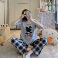 夏季新款睡女短袖长裤套装大码学生宽松韩版短袖短裤三件套家居服 圆圈米奇 上衣+长裤 M 80-100斤
