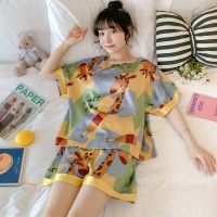 冰丝睡衣女夏季学生韩版可爱款200斤套装大码女士式两件套家居服 圆领梅花鹿-宽松版 女款 M码[80-100斤]