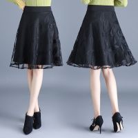 黑色蕾丝半身裙女2021春秋季新款裙子网纱高腰显瘦a字短裙百褶裙 树叶花 M (80-100斤)