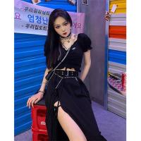 春夏套装女开叉链条半身裙2021韩版新款黑色显瘦时尚上衣两件套装 黑色上衣 S
